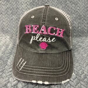 HG Trucker Hat Beach Please‎ Womens OSFM Charcoal Grey Pink Distressed Mesh Cap